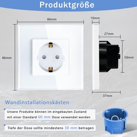 TAWOIA Schuko Socket Flush-Mounted, EU Standard 1-Way Socket Glass, Single Wall Socket with Crystal Glass Plate, White, 86 x 86 mm