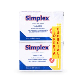 Simplex C/60 C/U Tabletas, Simplex, Solución Natural en el tratamiento de algunas condiciones de Estrés, Insomnio y Ansiedad 2 Cajas.