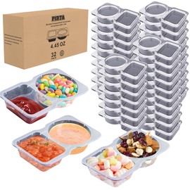 Double Compartment Condiment Containers with Lids, [32 PCS] 2025 New Disposable 2 Compartment Snack Containers, Portion Cups Reusable Plastic Container for to-go Sauce, Travel Snack with Box Package