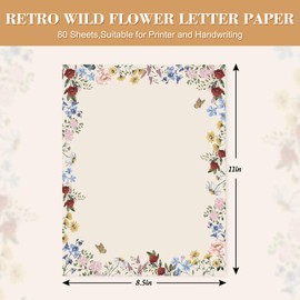 AnyDesign 80 Sheet Floral Letter Paper, Vintage Wildflower Design, 8.5 x 11 Inch, White, Paper, Writing Paper, Retro Style