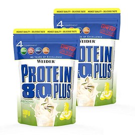 WEIDER Protein 80 Plus protein powder, 2 pack, pistzie, low-carb, multi-component casein whey mix for protein shakes, 2x500g