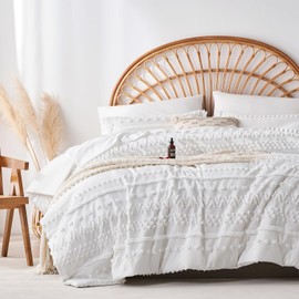 sponwilar 7 Pieces Queen Comforter Set, White Tufted Boho Shabby Chic Bed in a Bag Comforter and Sheet Set, All Season Soft Microfiber Complete Bedding Set (White, Queen)