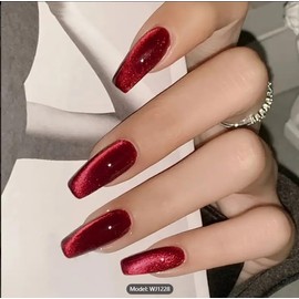 Red Press on Nails Square Medium Fake Nails Wine Red Cat Eye False Nails Long Coffin Glitter Artificial Acrylic Nails Glossy Gel Glue on Nail Press ons for Women Manicure 24pcs