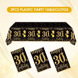 Xiliconie 3PCS Happy Birthday Tablecloth Black and Gold Theme Thirty Years Old Birthday Party Decor 30th Birthday Tablecloth Table Decorations for Men Women 30th Birthday