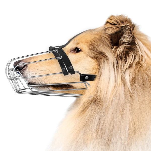 BRONZEDOG Wire Dog Muzzle Metal Dog Muzzle Leather Adjustable (Size