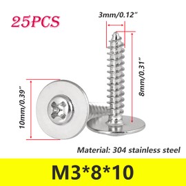Ctyjia 25 Pieces Wood Screw, M3 x 8 x 10mm Self Tapping Screws, Stainless Steel Pan Head Screws with Cross Head for Plastic, Wood