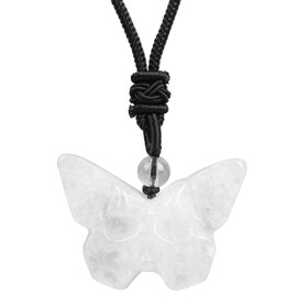 Lovionus89 Natural Crystal Stones Butterfly Skull Pendant，Adjustable Black Cord Gothic Hand Carved Necklace, White Quartz
