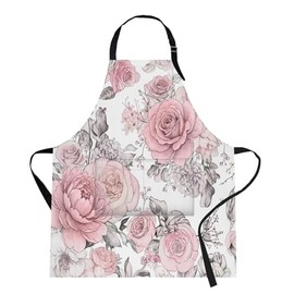 Britimes Delantal de cocina para el hogar, cocina, horneado, jardinería, para mujeres y hombres, con bolsillos, flores rosas, hojas, acuarela, floral,