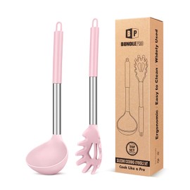 Silicone Pasta Fork and Ladle Spoon Set, Large Non Stick Kitchen Utensils for Cooking,Stirring,Serving Spaghetti, Soup, Sauce (PINK)