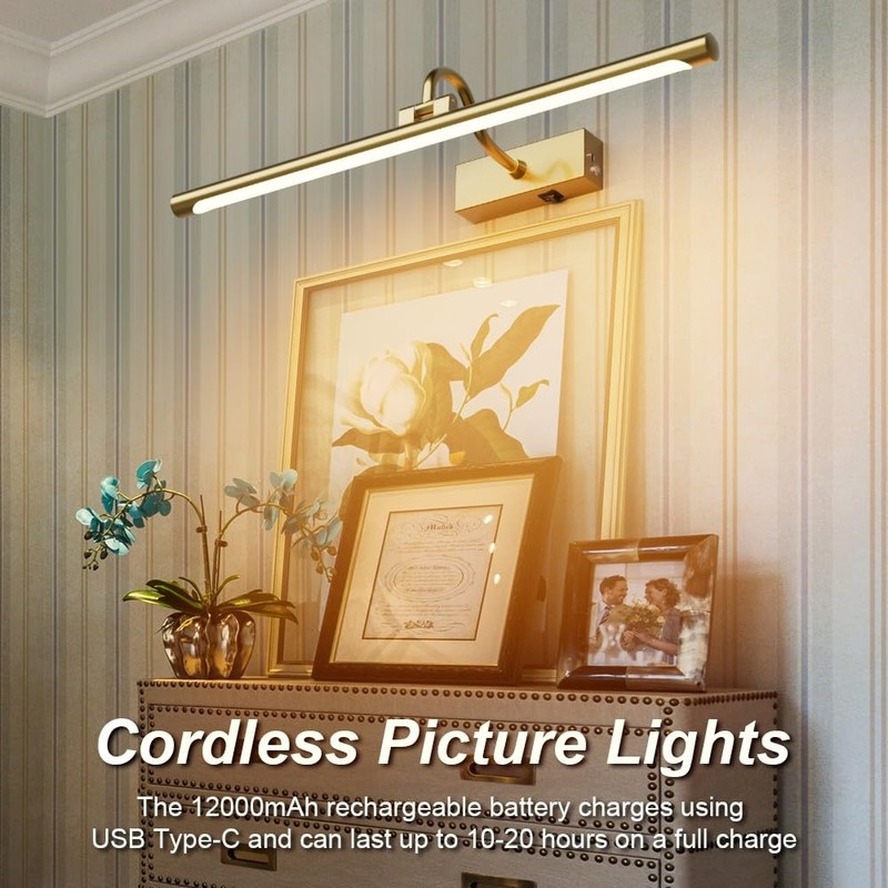 Aipsun 23.6" Brass Picture Lights for Wall Rechargeable,12000mAh Battery Operated