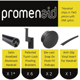 Promenaid 5 ft. Handrail Kit - Complete Indoor Hand Rail for Steps - Satin Black Anodized Aluminum with 3 Satin Black Wall Brackets + Flush Endcaps – 1.6” Round