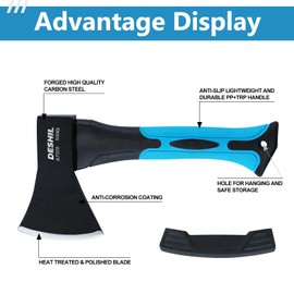 10” Outdoor Hatchet Forged Carbon Steel Heat Treated Hand Tool, Fiberglass Shock Reduction Handle with Anti-Slip Grip, Blue