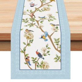 Bonhause Spring Summer Blue Birds Floral Table Runner 13x72 Inch Flowers Leaves Branch Kitchen Dining Table Decoration for Indoor Outdoor Home Party Decor