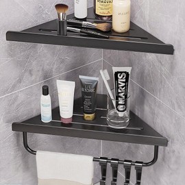 JAMESVAN CHOUPIJIANG Shower Corner Shelf,2 Pack Bathroom Shower Caddies with 4 Hooks,No Drilling Rust Proof Shower Organizer Corner, 2 Pack-Black