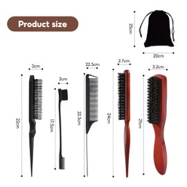 Slick Back Brush, 5 PCS Boar Bristle Hair Brush, Hair Brush Set Teasing Brush Slick Back Hair Brush for Thin or Thick Hair Styling Brush