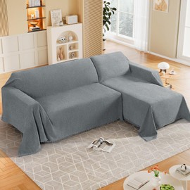 KinCam Couch Covers for 3 Cushion Couch Sofa Cover Washable Sectional Couch Cover for Dogs Tassel Sofa Blanket Cover Pet Friendly Soft and Durable for Most Furniture(91" x 134", Grey)