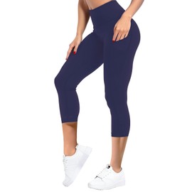 Match Women's Tummy Control High Waisted Active Yoga Pants with Pockets Buttery Soft Workout Leggings (Capris Dark Blue, Large)