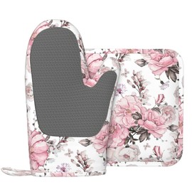 Pink Flower Trendy Floral Watercolor Oven Mitts and Pot Holders Set of 2 Silicone Heat Resistant Oven Mitten Potholders Non Slip Gloves Kitchen Decor for BBQ Cooking Grilling Baking