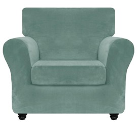 ZNSAYOTX Luxury Velvet Chair Slipcovers with Arm 2 Piece Stretch Chair Covers for Living Room Thick Soft Armchair Slipcover Anti Slip Pet Friendly Furniture Protector (Pea Green),30"-47"(1 Cushion)