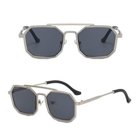 No Name Ltd Hexagon Sunglasses, Retro Vintage Design, Silver Alloy Frame, Oversized Polygon Lenses, Polarised, Unisex