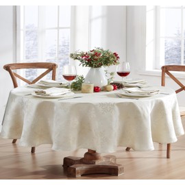 Newbridge Metallic Snowflake Christmas No-Iron Soil Resistant Fabric Holiday Tablecloth, Ivory/Gold (60" x 84" Oval, Ivory-Gold)