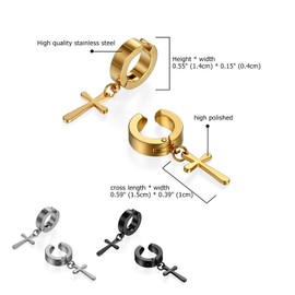 OIDEA Unisex Cross Earrings Set: Men's Women's Hoop Earrings Stainless Steel in Gold Black Silver Cross Pendant Earrings Punk Rock Fake Ear Clip Earrings Gift, Stainless Steel, No Gemstone