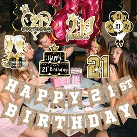 Happy 21st Birthday Banner Glitter Happy 21st Birthday Decorations for Her with 21 Years Old Banner Hanging Swirls for 21 Years Old Party