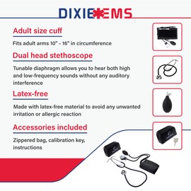Dixie EMS Aneroid Sphygmomanometer and Dual Head Stethoscope Set with Adult Size Blood Pressure Cuff, Calibration Key and Carrying Case – Black