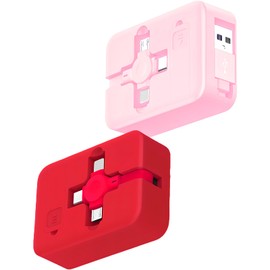 Gartmost 2 Pcs 3 in 1 USB Retractable Phone Charging Cable, Three in one Data Cable Phone Stand, Compatible with Micro USB/IP/USB C(Type-C), Compatible with Phone, Android (Red+Pink)
