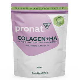 PRONAT | Colágeno Hidrolizado + Ácido Hialurónico, Suplemento Alimenticio, Sabor Manzana Verde, Bolsa con 500 gramos