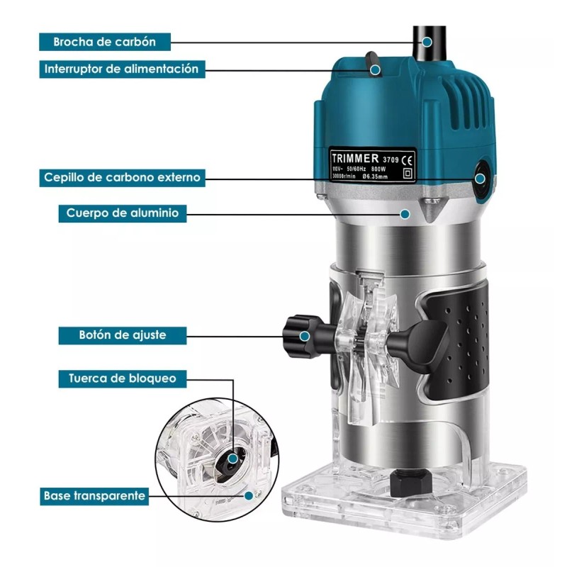 Burkey Router Madera Recortadora Rebajadora 800w 15 Brocas Carburo