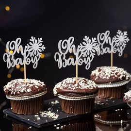 Keaziu Paquete de 24 decoraciones para cupcakes de copo de nieve Oh Baby Shower, diseño de copos de nieve, para invierno, cumpleaños, niñas, decoración de tartas, color plateado