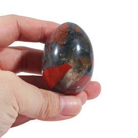 Fekuar Stone Egg Figurine, Polished Healing Crystal Easter Eggs Sphere Sculpture with Wood Stand, Natural Africa Bloodstone, 1.8"