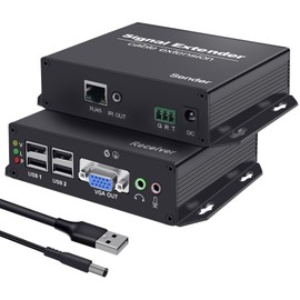 VGA KVM Extender Over Cat5e/6/7 Up to 394FT(120M), 1920X1080@60Hz VGA KVM Extender Over Ethernet Zero Delay Transmission, Plug and Play, with 4 USB2.0 Ports, IR Control, RS-232&Audio