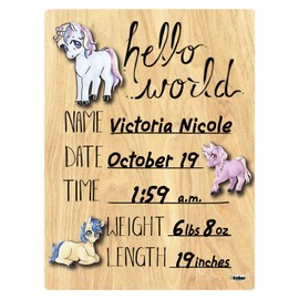Cohas Hello World Newborn Baby Announcement Printed Wood Sign with Unicorn Theme, 5 by 7 Inches, No Marker