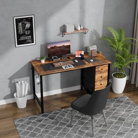 DLisiting 47 Inch Computer Office Desk - Home Office Desk with Storage Fabric Drawers, Simple PC Writing Work Desks for Bedroom Boys Girls Teens Childrens, Rustic Brown