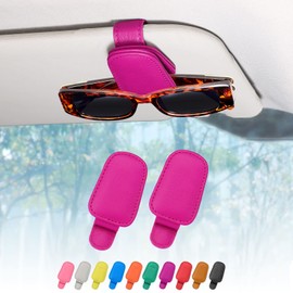 quipuda 2 Packs Sunglasses Holder for Car Sun Visor Accessories, Magnetic Geniune Leather Car Sunglass Holder, Glasses Clip for Automotive Eyeglass Hanger, Ticket Card Clip (Rose Red)