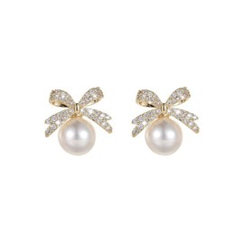 Pearl Bow Earrings for Women 14k Gold Plated Bow Pearl Earrings Sparkly Rhinestone Bowknot Ribbon Ear-rings Christmas Gifts Stocking Stuffers for Her