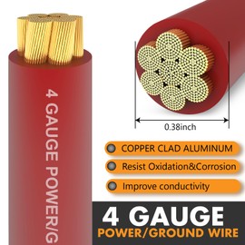 Jeemiter 4 Gauge Red CCA Wire (50ft Single Spool) - Long Primary Power/Ground Cable for Custom Car Audio & Battery Install | Includes Terminals