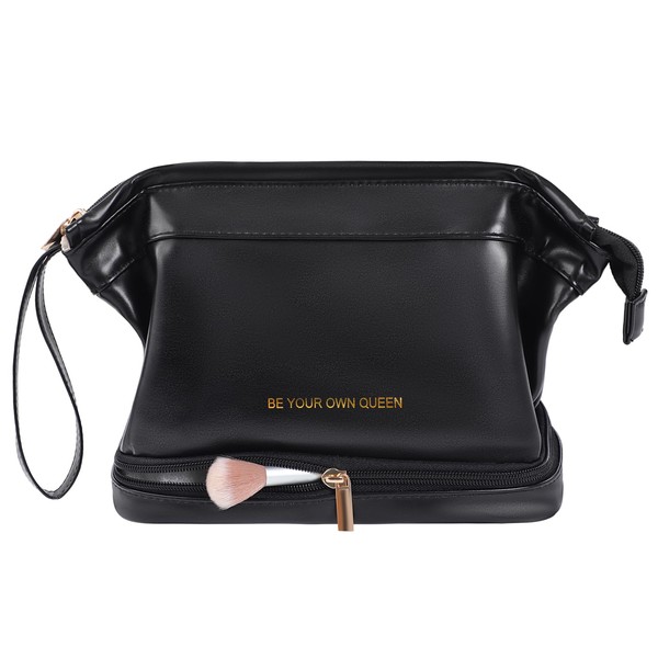 TOBEHIGHER Makeup Bag - Double Layer Travel Make up Bag, Travel Essentials Portable Leather Cosmetic Bag, Washable Waterproof Makeup Organizer Bag, Black