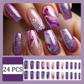 Purple French Manicure Press-On Medium Coffin False Nails Powder Purple Gradient with Rhinestone Design Glitter Shiny Full Cover Glue Nails for Women Girls Nail Art Set 24pcs
