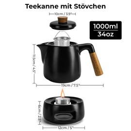 MIAMIO - Teapot Set with Warmer / 34 oz Tea Kettle with Infuser for Steeping Loose Tea Leaves - Gift for Women/Tea Lovers (Black)