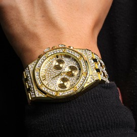 Halukakah Diamond Gold Watch for Men, 18 Carat Real Gold/Platinum White Gold Plated, 20 mm Wide Quartz Bracelet, 22 cm, with Diamond Cluster Tennis Chains, Necklace, Bracelet Set Options, with Gift