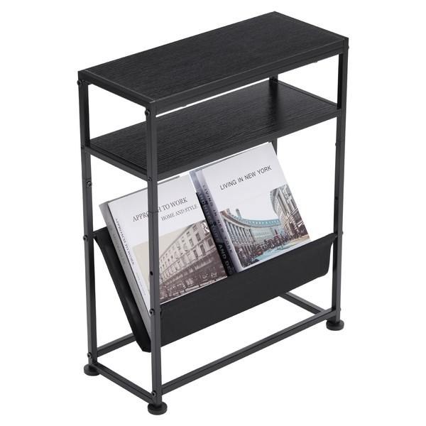 ZEXVIDA Narrow End Table for Small Spaces - Slim Side Table with Magazine Holder,2 in 1 Design Narrow Coffee Table Living Room,Skinny Bedroom Nightstand Thin Side Magazine Table,Black