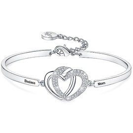 Aihitero - Pulsera grabada para el día de Navidad con corazón de amor de mamá y madre de oro blanco para mujer, joyería de moda para mamá, cumpleaños, aniversario, Acción de Gracias, regalos de Navidad de hijo hija, Oro blanco, Circonita cúbica