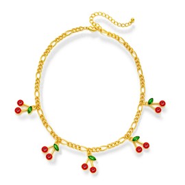 INNERDIVA Cute Cherry Charm Necklace Gold Plated Chain With 5pcs Red Cherry Short Choker Necklaces For Women