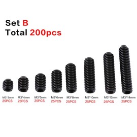 200pcs M3 Black Carbon Steel Socket Cup Point Grub Set Screw Assortment