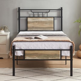 VECELO Twin Size Platform Bed Frame with Wood Headboard/Mattress Foundation/Premium Steel Slats Support/No Box Spring Needed,Grey Slate(Crown)