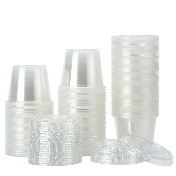 TashiLiving [200Sets-5.5oz Clear Plastic Disposable Portion Cups with Lids, Souffle Cups, Condiment Cups,Jello Shots, Slime & Medicine Premium Small Plastic Containers