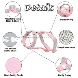 HDKUW Dog Shining Rhinestone Harness, No Pull Adjustable Buckle D-Ring Harness for Small Medium Dog (Pink XS)